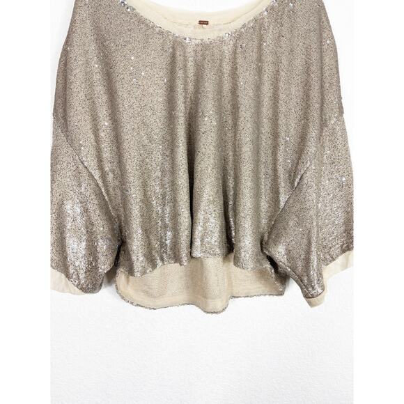 Free People Champagne Dreams Tee Small Neutral Gold Sequin Oversized Cropped - Picture 9 of 13